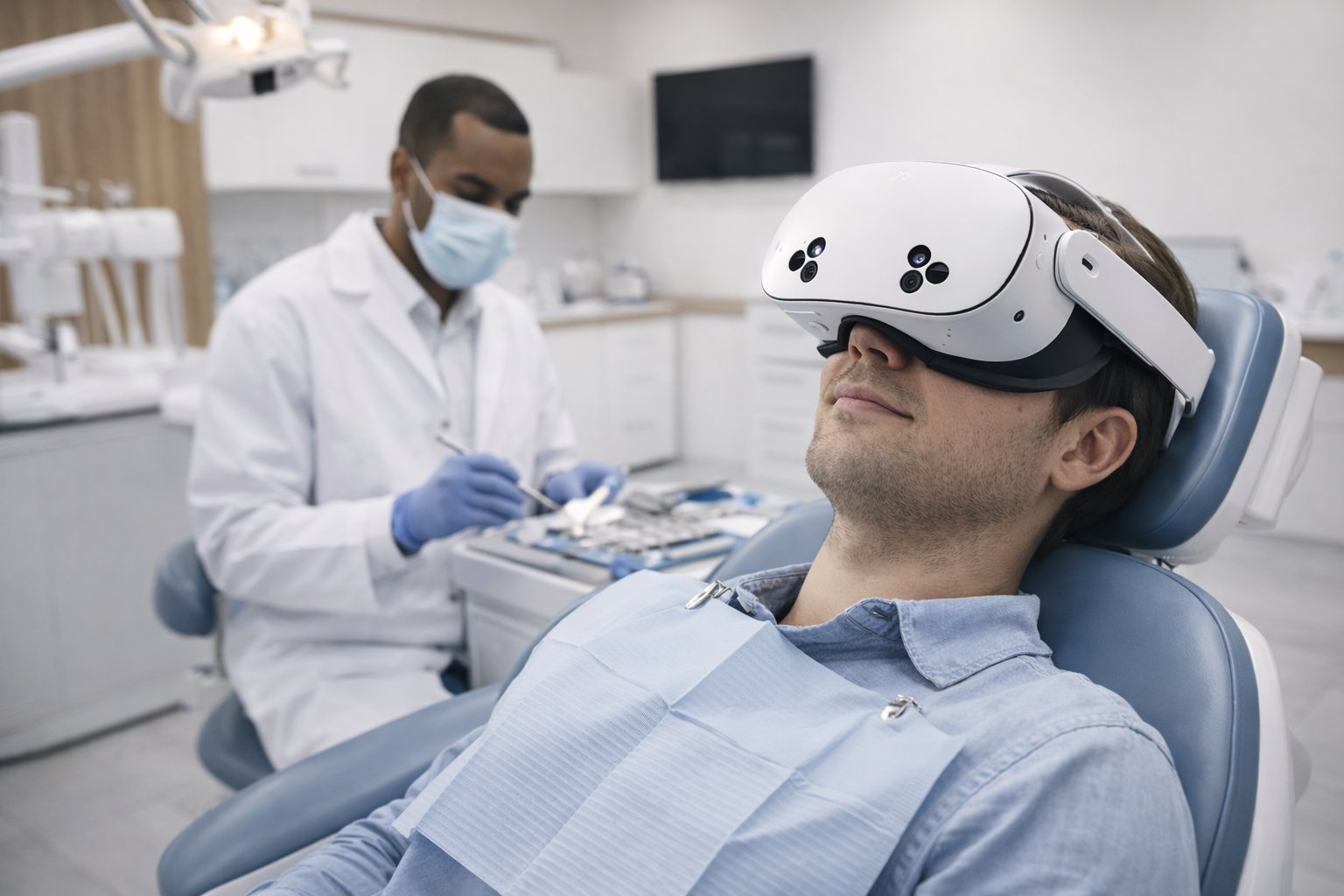 Paciente relajado en sillón dental con visor VR durante procedimiento