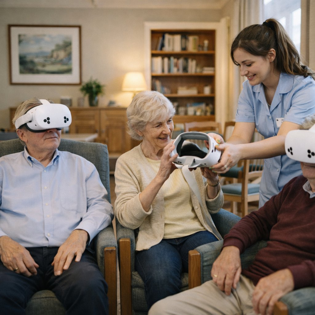 Grupo de residentes mayores con cuidadora preparando visores VR en sala común